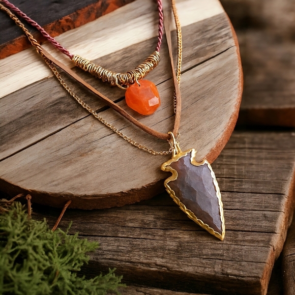 🆕️ Indian Handcrafted Carnelian & Brown Agate Boho Chic Layered Necklace Set 🌟 - Picture 1 of 12